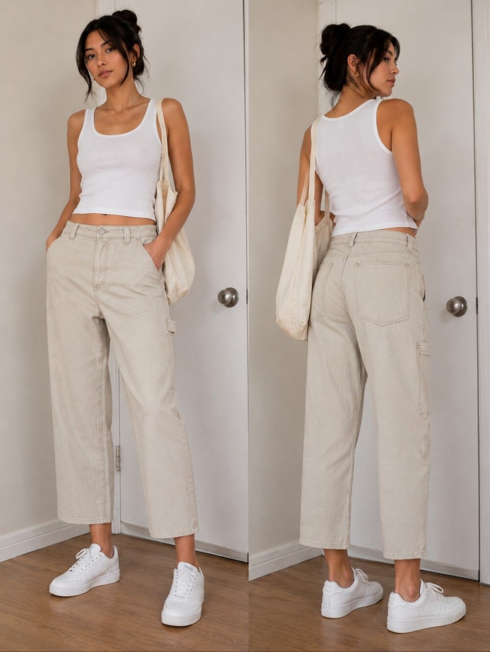 Beige Cropped Utility Pants - Neutral Ankle-Length Trousers